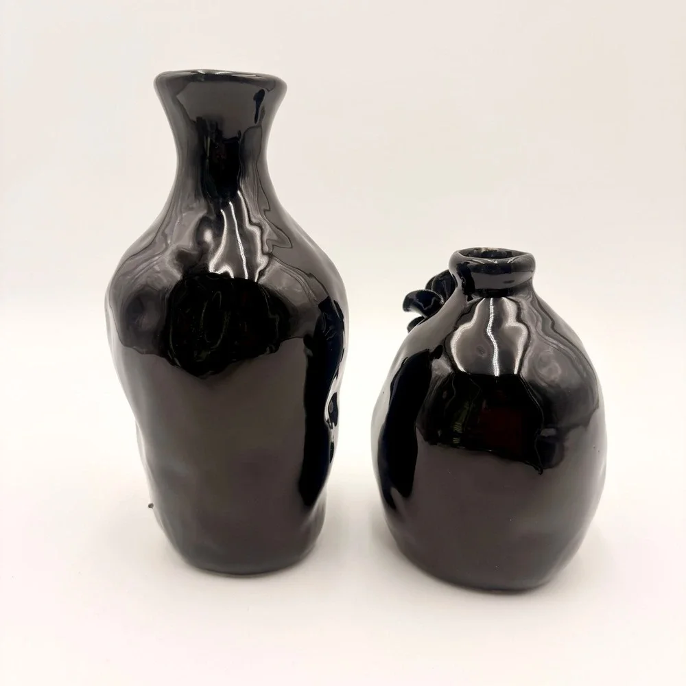 Potters Studio Halloween Black Ceramic Floral Bud Vase Set 2 Piece 3D Rose Decor